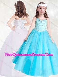 Cute Straps Beaded Little Girl Pageant Dress in Aqua Blue