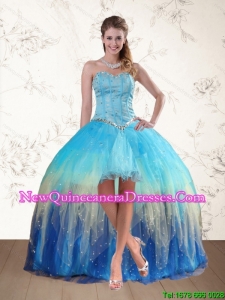 2015 Exclusive Baby Blue Sweetheart Multi Color Dama Dresses with Ruffles and Beading
