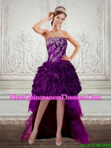 Dark Purple Strapless Dama Dresses with Appliques and Ruffles for 2015