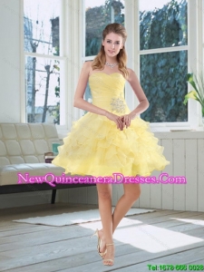 Light Yellow Sweetheart High Low Dama Dresses with Beading and Ruffled Layers for 2015