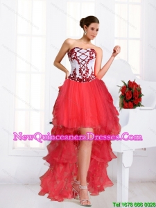 2015 Beautiful Coral Red Dama Dresses with Embroidery