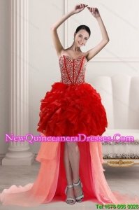 2015 Beautiful High Low Dama Dresses with Beading and Ruffles