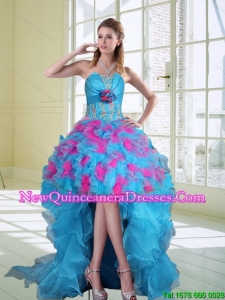2015 High Low Strapless Dama Dresses with Hand Made Flower