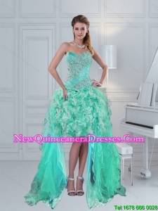 Dynamic 2015 High Low Sweetheart Beading Dama Dress in Apple Green