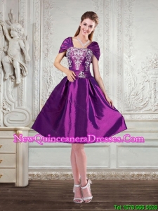 Purple Strapless Embroidery and Beading Dama Dresses with Cap Sleeves for 2015