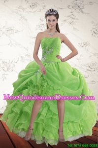 2015 Beautiful Spring Green High Low Dama Dresses with Ruffles and Beading