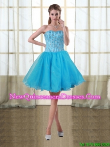 2015 Cheap Baby Blue Sweetheart Short Dama Dresses with Beading