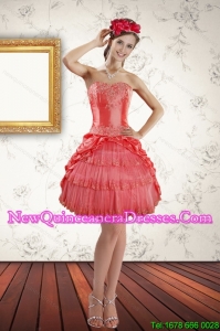 2015 Cheap Strapless Coral Red Dama Dresses with Beading and Pick Ups