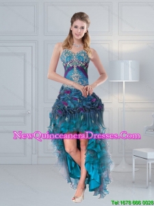 2015 Cheap Straps Multi Color Dama Dresses with Embroidery and Hand Made Flower