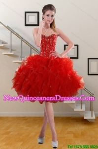 2015 Pretty Sweetheart Ruffled Red Dama Dresses with Beading