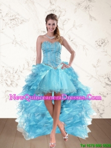 Cheap Baby Blue Sweetheart High Low Dama Dresses with Ruffles and Beading