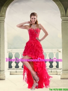 Cheap Coral Red High Low Strapless Dama Dresses with Ruffles and Beading
