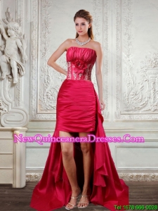 Cheap High Low Strapless Coral Red Dama Dresses with Hand Made Flower