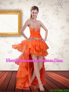 Cheap High Low Sweetheart Orange Dama Dresses with Ruffles and Appliques