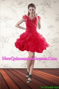 Cheap Sweetheart Red 2015 Dama Dresses with Ruffled Layers and Beading