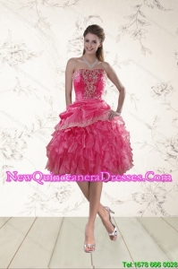 Coral Red Strapless Dama Dresses with Appliques and Ruffles for 2015