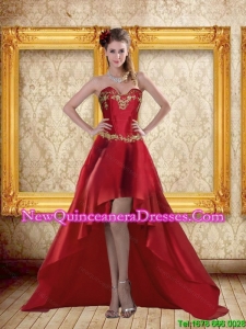 Fashionable 2015 High Low Sweetheart Wine Red Beading Dama Dresses
