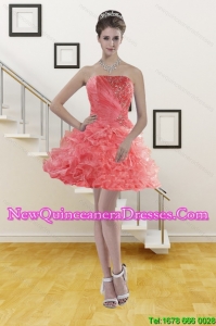 Ruffled Watermelon Red Strapless 2015 Dama Gown with Beading