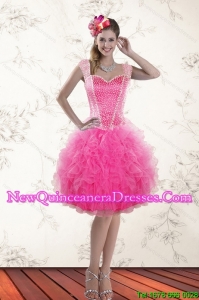 Cheap Hot Pink 2015 Straps Dama Dresses with Beading and Ruffles