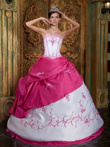 Cute Rose Pink and White Quinceanera Dress Strapless Embroidery Satin Ball Gown