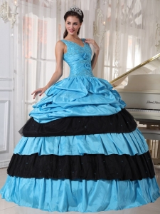 Pretty Light Blue and Black Quinceanera Dress V-neck Taffeta Beading Ball Gown