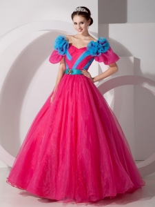 Beautiful Hot Pink Off The Shoulder Quinceanera Dress Hand Made Flowers