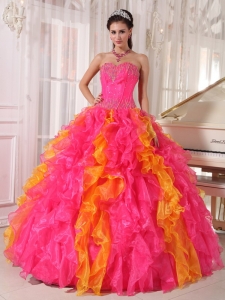 Beauty Hot Pink and Orange Quinceanera Dress Sweetheart Organza Sequins Ball Gown