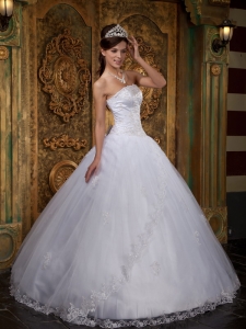 Cheap White Quinceanera Dress Strapless Satin and Tulle Lace Ball Gown