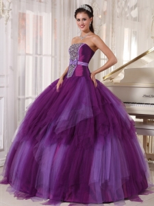 Elegant Purple Quinceanera Dress Strapless Tulle Beading Ball Gown