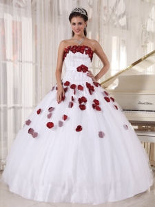 Formal White and Wine Red Quinceanera Dress Strapless Tulle Beading and Hand Made Flowers Ball Gown