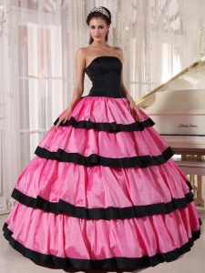 Sexy Rose Pink and Black Quinceanera Dress Strapless Taffeta Ball Gown