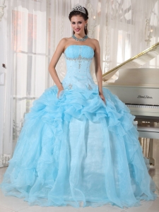 Wonderful Baby Blue Quinceanera Dress Strapless Organza Beading Ball Gown
