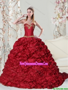 Beautiful Sweetheart 2015 Red Quinceanera Dress with Embroidery and Pick Ups