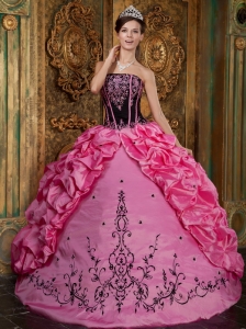 Affordable Rose Pink Quinceanera Dress Strapless Embroidery Taffeta Ball Gown