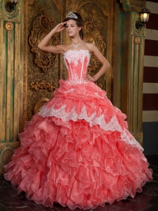 Beautiful Waltermelon Quinceanera Dress Strapless Ruffles Organza Ball Gown