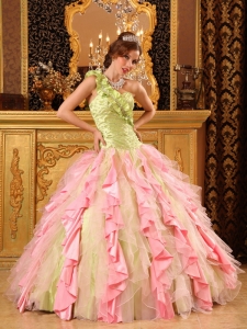 Cheap Multi-Color Quinceanera Dress One Shoulder Taffeta And Organza Beading And Ruffles Ball Gown