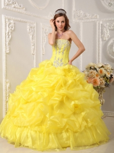 Cute Yellow Quinceanera Dress Strapless Organza Beading Ball Gown