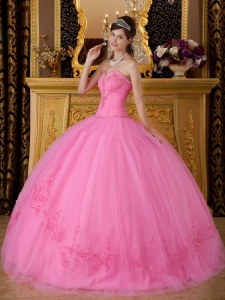 Discount Rose Pink Quinceanera Dress Sweetheart Tulle Appliques Ball Gown