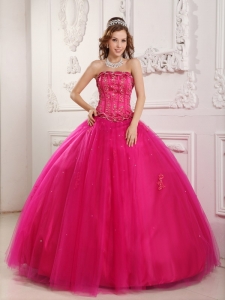 Elegant Hot Pink Quinceanera Dress Strapless Tulle Beading Ball Gown