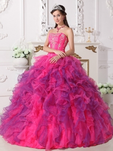 Elegant Hot Pink and Purple Quinceanera Dress Sweetheart Satin and Organza Embroidery Ball Gown