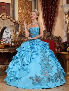 Gorgeous Aqua Blue Quinceanera Dress Strapless Taffeta Appliques Ball Gown