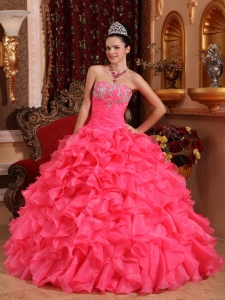 Informal Watermelon Quinceanera Dress Strapless Organza Beading and Appliques Ball Gown