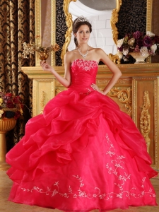 New Coral Red Sweet 16 Dress Strapless Embroidery Organza Ball Gown