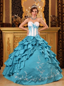 Popular Teal Quinceanera Dress Sweetheart Ruffles And Embroidery Taffeta Ball Gown