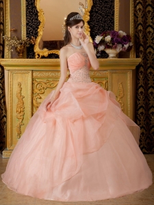Romantic Baby Pink Quinceanera Dress Strapless Organza Beading Ball Gown