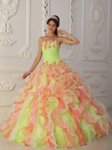 Romantic Multi-Color Quinceanera Dress Strapless Organza Hand Flowers and Ruffles Ball Gown