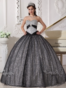 Beautiful Black Quinceanera Dress Sweetheart Sequined and Tulle Appliques Ball Gown