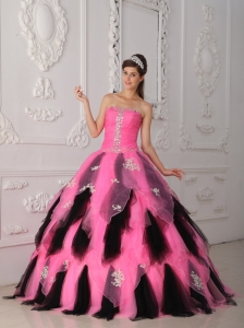 Beautiful Pink and Black Quinceanera Dress Strapless Organza Appliques A-Line / Princess