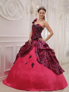 Cheap Hot Pink Quinceanera Dress One Shoulder Zebra Appliques Ball Gown