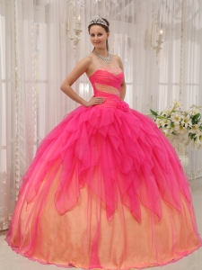 Discount Hot Pink Quinceanera Dress Strapless Organza Beading Ball Gown